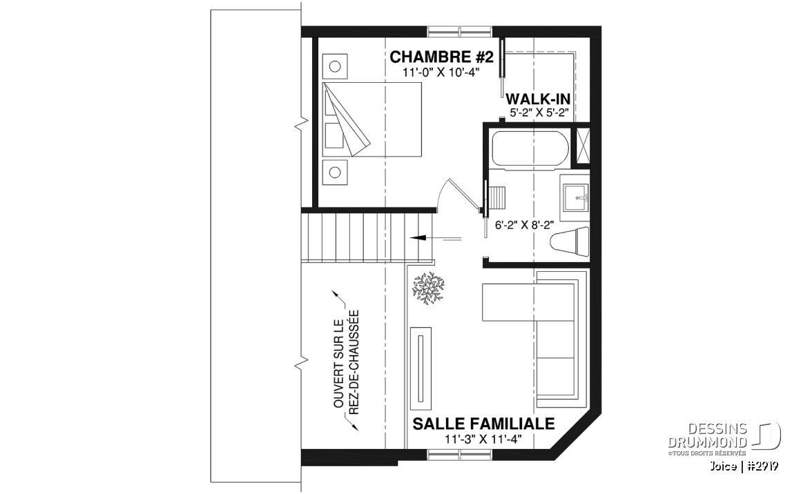 Étage - Plan de petite maison abordable, 2 à 3 chambres, belle fenestration, cathédrale et mezzanine - Joice