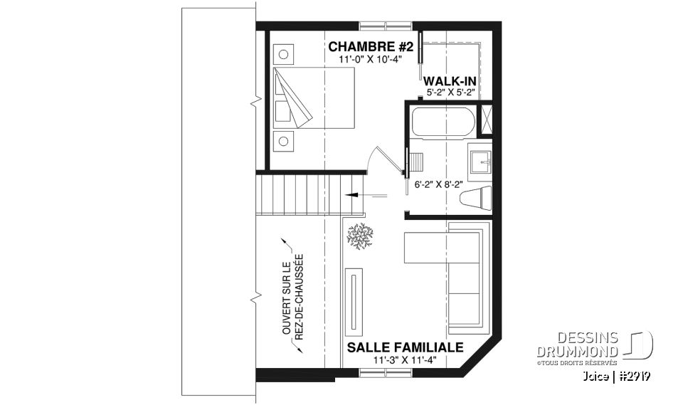 Étage - Plan de petite maison abordable, 2 à 3 chambres, belle fenestration, cathédrale et mezzanine - Joice