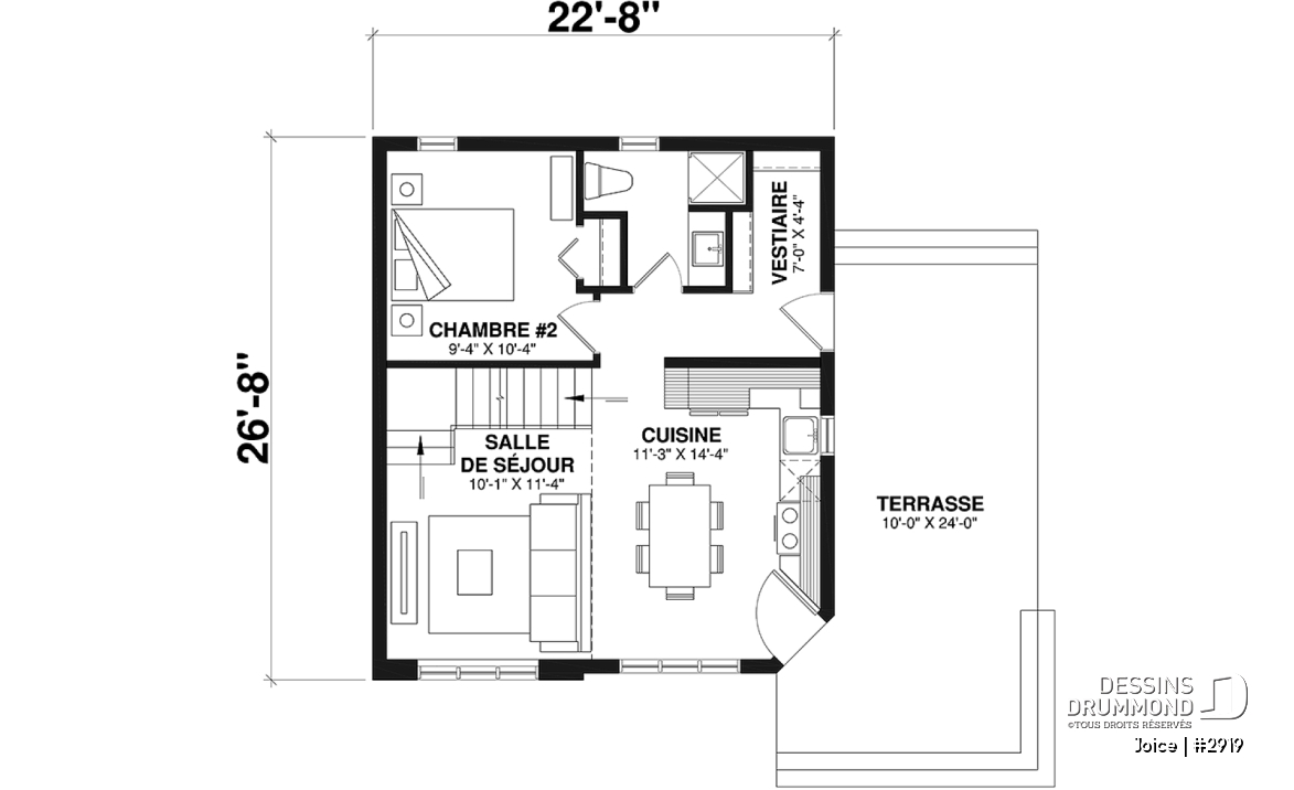 Rez-de-chaussée - Plan de petite maison abordable, 2 à 3 chambres, belle fenestration, cathédrale et mezzanine - Joice