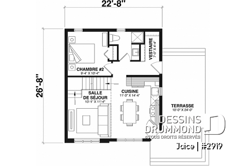 Rez-de-chaussée - Plan de petite maison abordable, 2 à 3 chambres, belle fenestration, cathédral et mezzanine - Joice