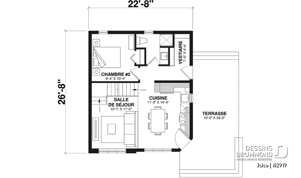 Rez-de-chaussée - Plan de petite maison abordable, 2 à 3 chambres, belle fenestration, cathédrale et mezzanine - Joice