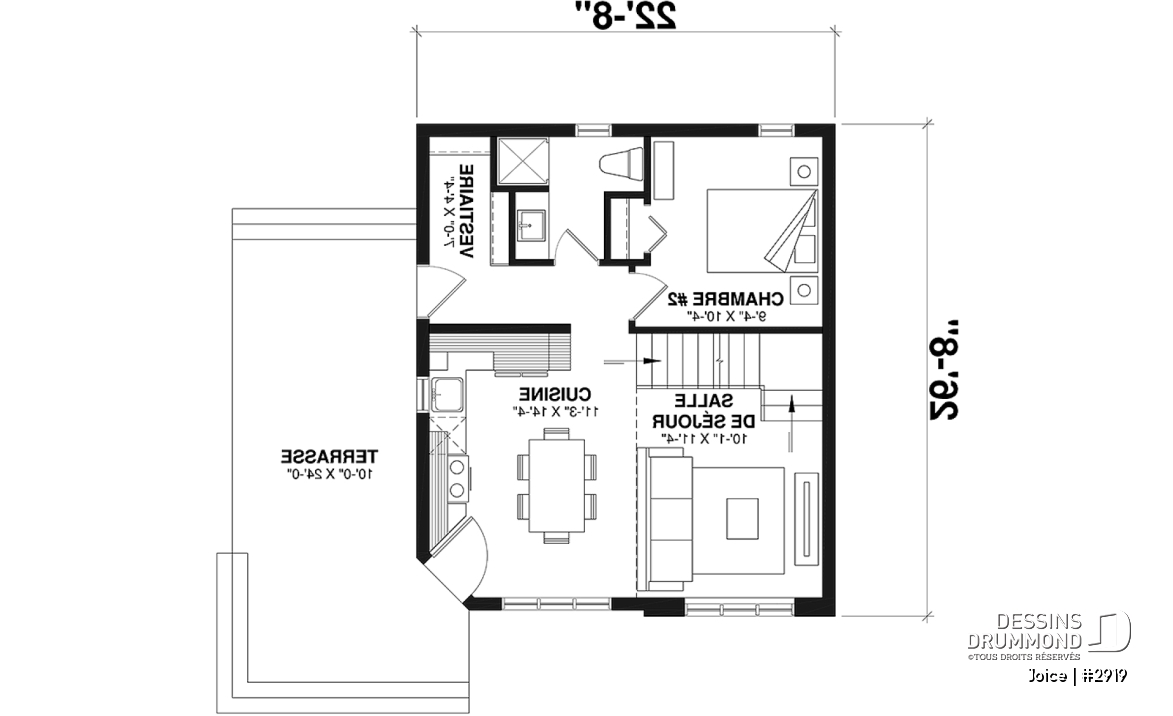 Rez-de-chaussée - Plan de petite maison abordable, 2 à 3 chambres, belle fenestration, cathédrale et mezzanine - Joice