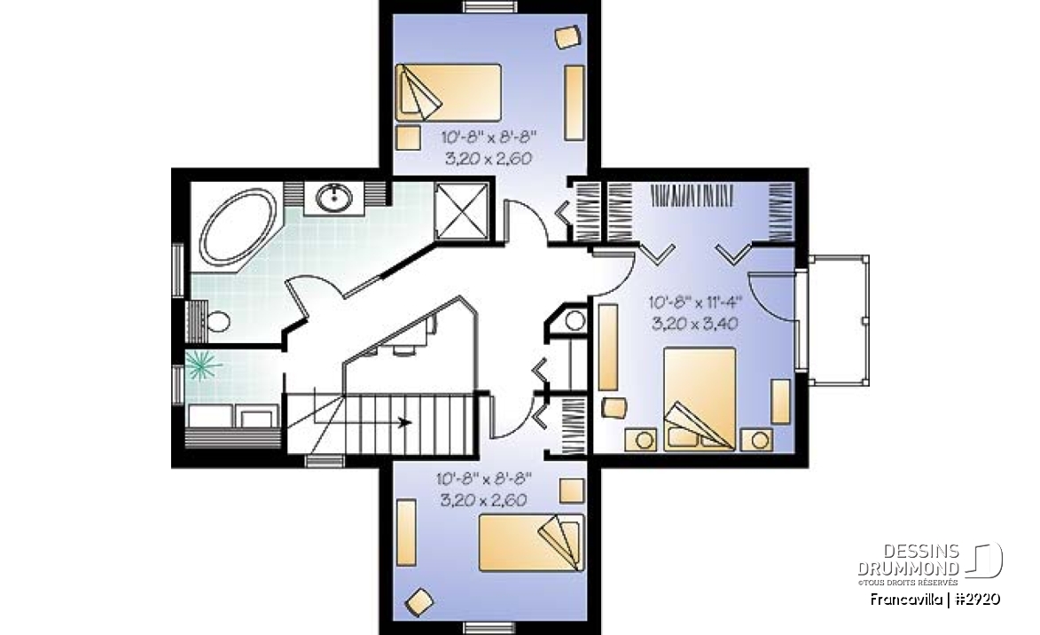 Étage - Plan de chalet, chambre des parents avec walk-in et balcon, gros foyer central, ouvert, abri moustiquaire - Francavilla