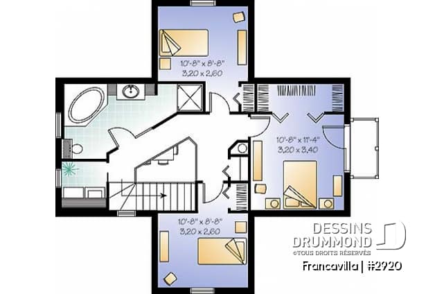 Étage - Plan de chalet, chambre des parents avec walk-in et balcon, gros foyer central, ouvert, abri moustiquaire - Francavilla