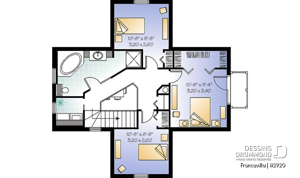 Étage - Plan de chalet, chambre des parents avec walk-in et balcon, gros foyer central, ouvert, abri moustiquaire - Francavilla