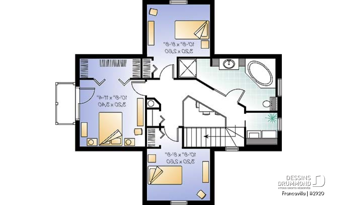 Étage - Plan de chalet, chambre des parents avec walk-in et balcon, gros foyer central, ouvert, abri moustiquaire - Francavilla