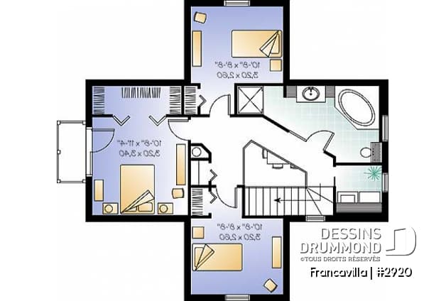 Étage - Plan de chalet, chambre des parents avec walk-in et balcon, gros foyer central, ouvert, abri moustiquaire - Francavilla