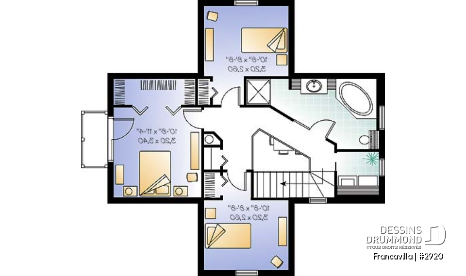Étage - Plan de chalet, chambre des parents avec walk-in et balcon, gros foyer central, ouvert, abri moustiquaire - Francavilla