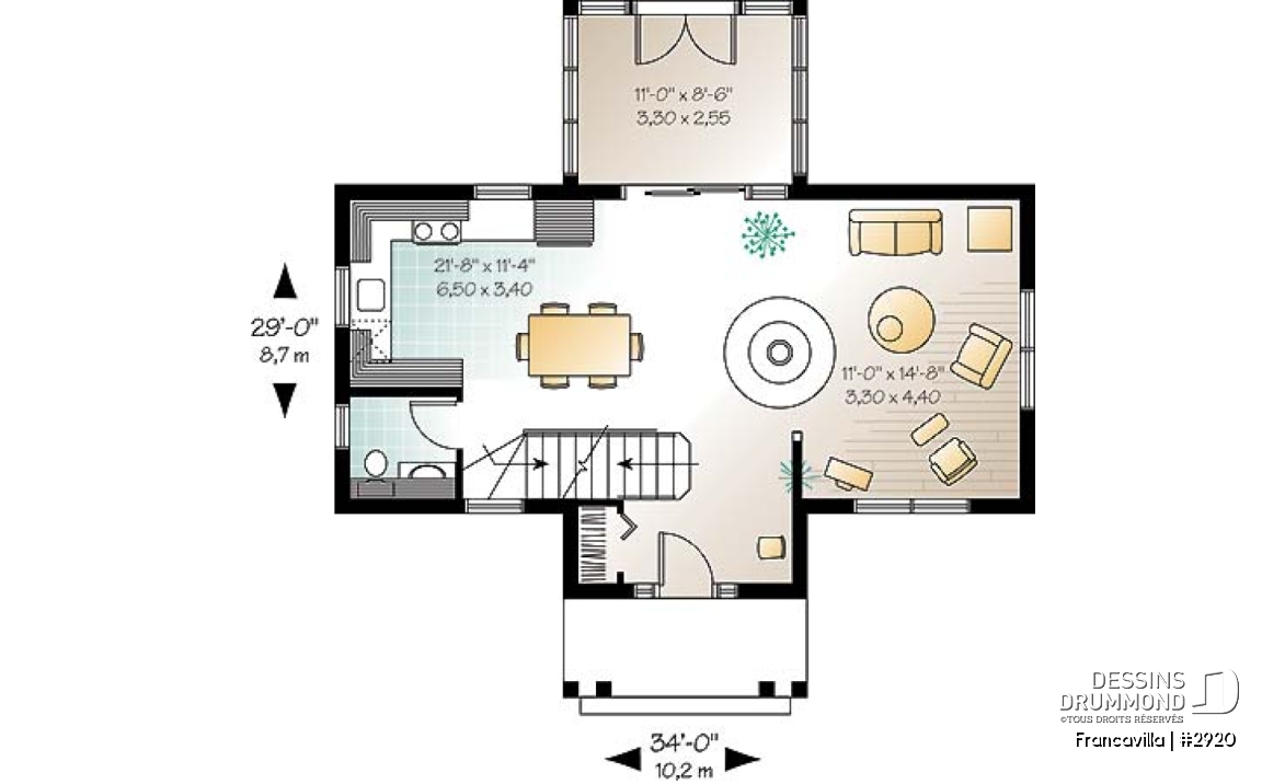 Rez-de-chaussée - Plan de chalet, chambre des parents avec walk-in et balcon, gros foyer central, ouvert, abri moustiquaire - Francavilla