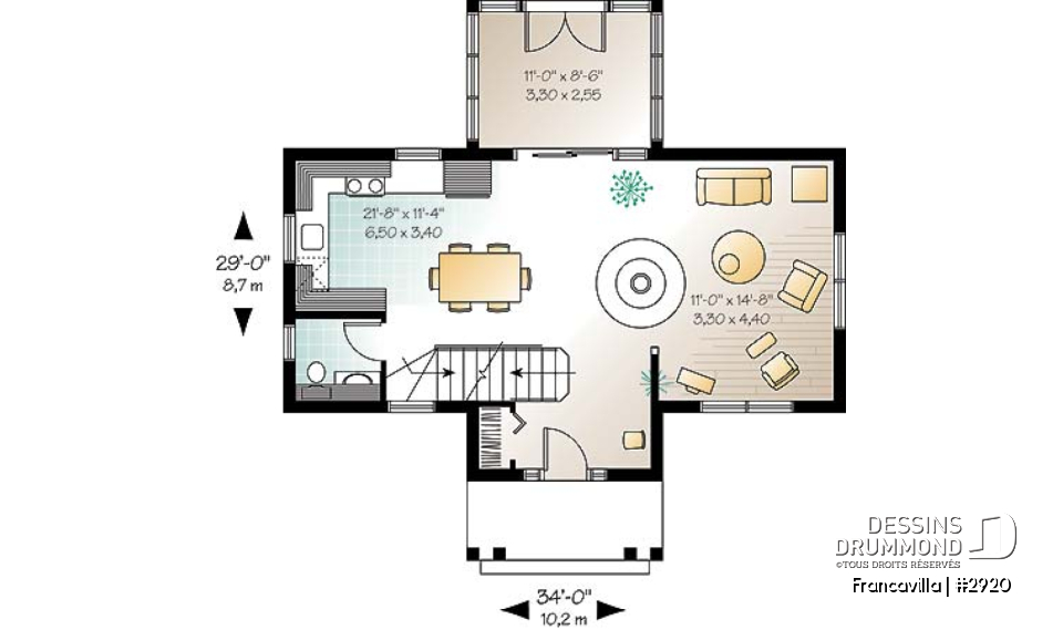 Rez-de-chaussée - Plan de chalet, chambre des parents avec walk-in et balcon, gros foyer central, ouvert, abri moustiquaire - Francavilla