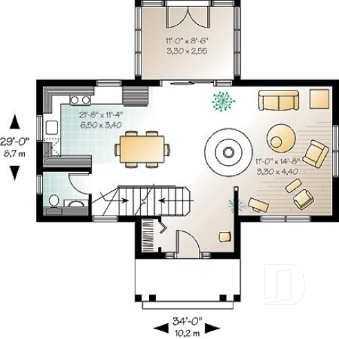 Rez-de-chaussée - Plan de chalet, chambre des parents avec walk-in et balcon, gros foyer central, ouvert, abri moustiquaire - Francavilla