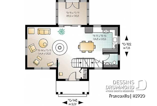 Rez-de-chaussée - Plan de chalet, chambre des parents avec walk-in et balcon, gros foyer central, ouvert, abri moustiquaire - Francavilla