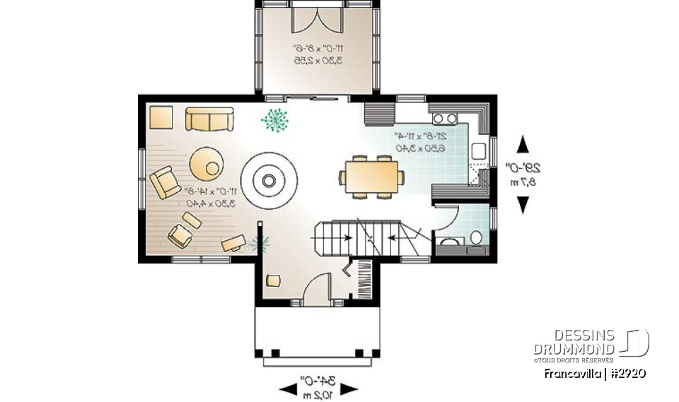 Rez-de-chaussée - Plan de chalet, chambre des parents avec walk-in et balcon, gros foyer central, ouvert, abri moustiquaire - Francavilla