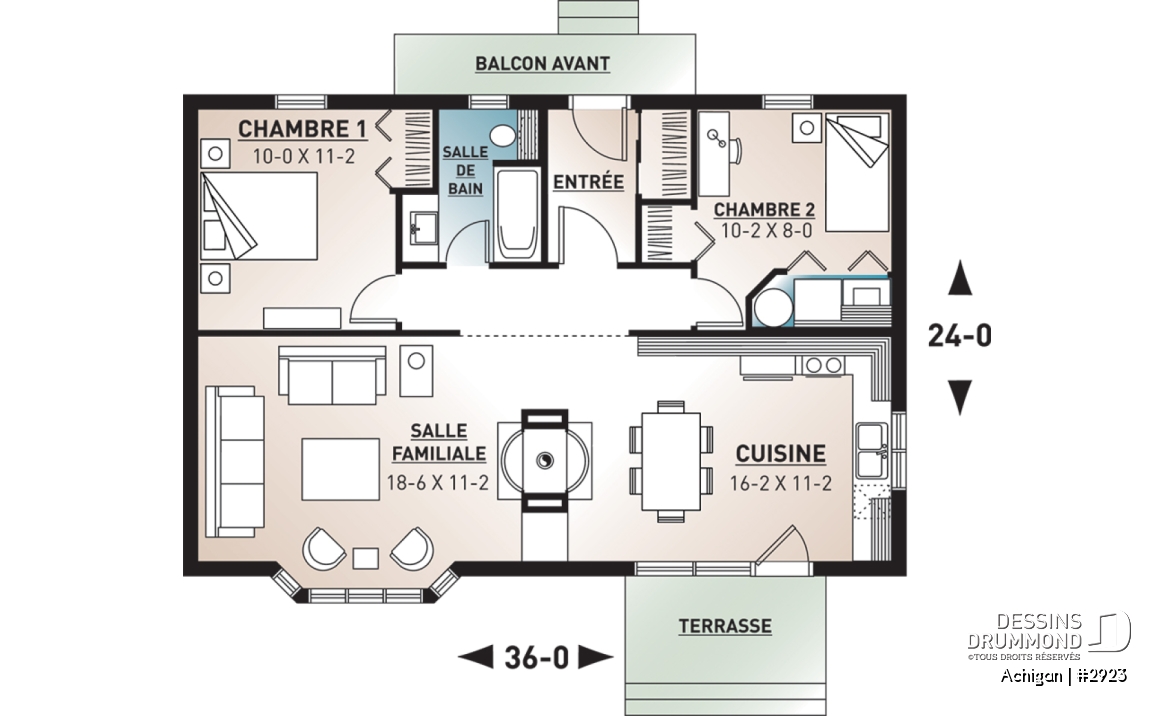 Rez-de-chaussée - Plan pour camp de pêche ou chasse 2 chambres, micro chalet micro maison économique, 8 personnes - Achigan