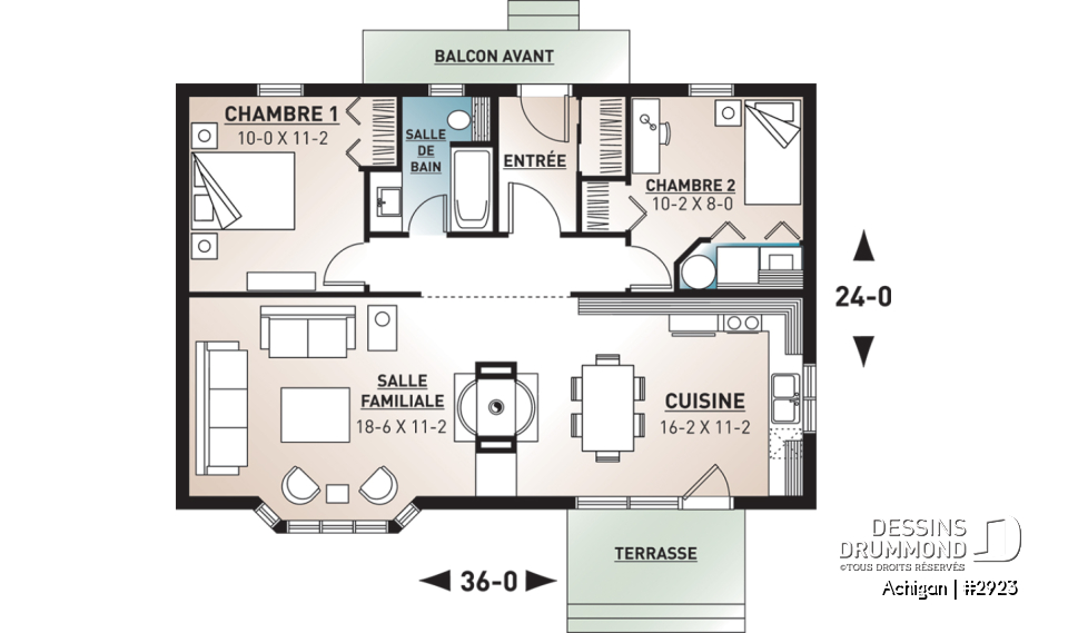 Rez-de-chaussée - Plan pour camp de pêche ou chasse 2 chambres, micro chalet micro maison économique, 8 personnes - Achigan
