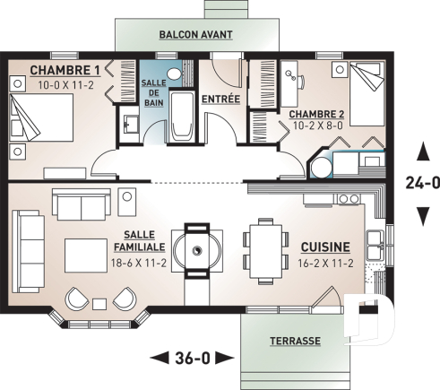 Rez-de-chaussée - Plan pour camp de pêche ou chasse 2 chambres, micro chalet micro maison économique, 8 personnes - Achigan