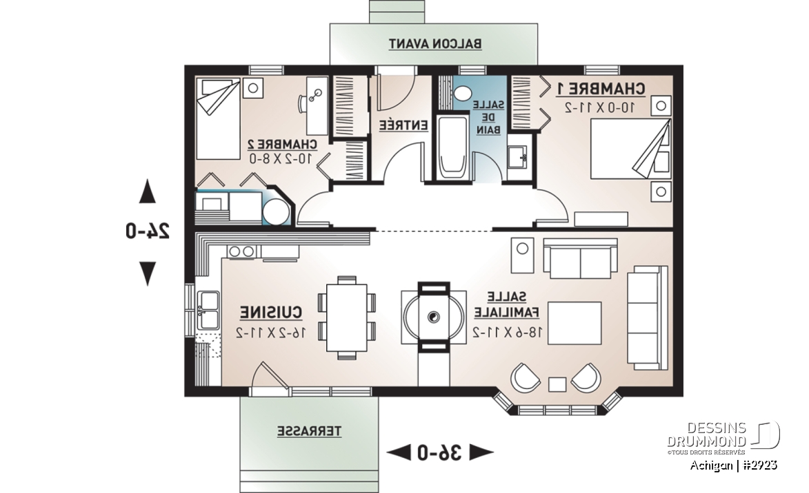Rez-de-chaussée - Plan pour camp de pêche ou chasse 2 chambres, micro chalet micro maison économique, 8 personnes - Achigan