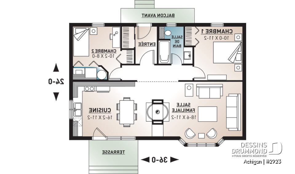Rez-de-chaussée - Plan pour camp de pêche ou chasse 2 chambres, micro chalet micro maison économique, 8 personnes - Achigan