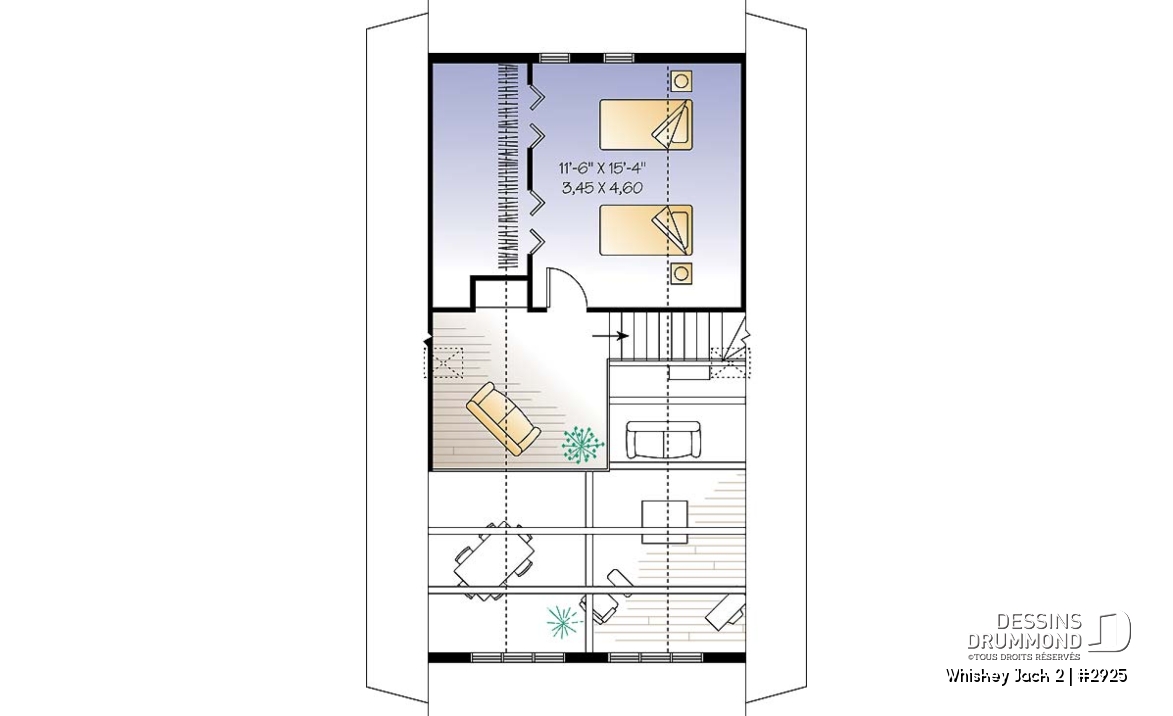 Étage - Plan de chalet abordable 2 chambres + loft, mezzanine, vestiaire, plafond cathédral, belle lumière - Whiskey Jack 2