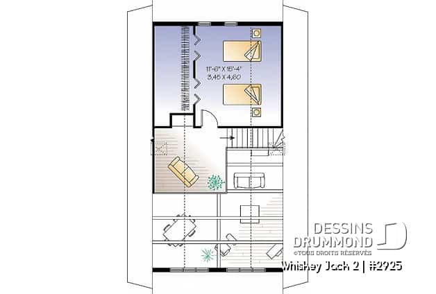 Étage - Plan de chalet abordable 2 chambres + loft, mezzanine, vestiaire, plafond cathédral, belle lumière - Whiskey Jack 2