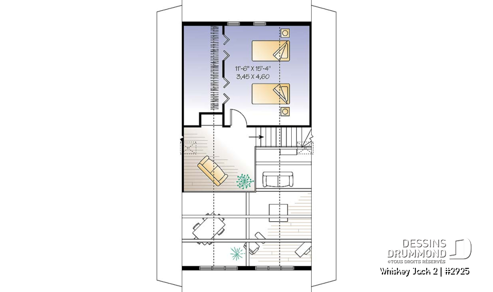 Étage - Plan de chalet abordable 2 chambres + loft, mezzanine, vestiaire, plafond cathédral, belle lumière - Whiskey Jack 2