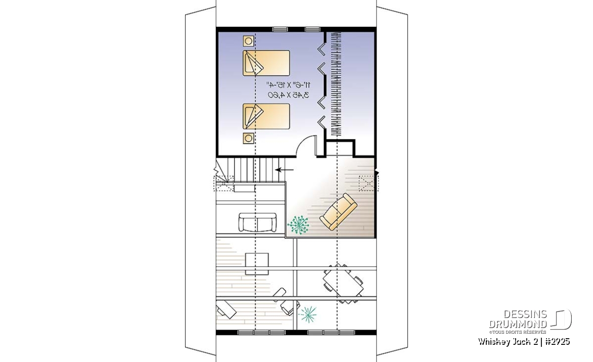 Étage - Plan de chalet abordable 2 chambres + loft, mezzanine, vestiaire, plafond cathédral, belle lumière - Whiskey Jack 2