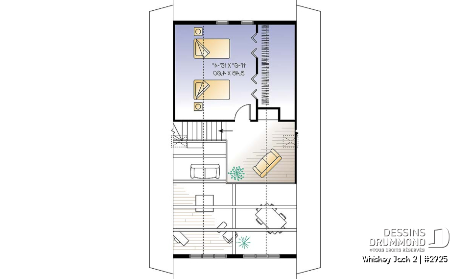 Étage - Plan de chalet abordable 2 chambres + loft, mezzanine, vestiaire, plafond cathédral, belle lumière - Whiskey Jack 2