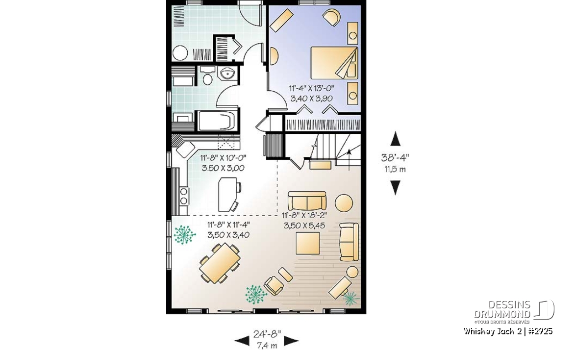 Rez-de-chaussée - Plan de chalet abordable 2 chambres + loft, mezzanine, vestiaire, plafond cathédral, belle lumière - Whiskey Jack 2