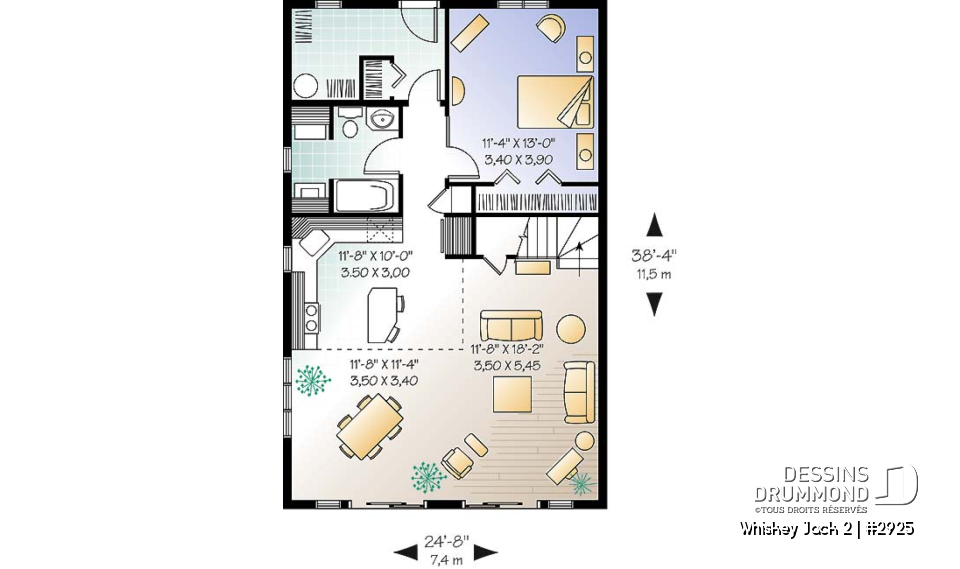 Rez-de-chaussée - Plan de chalet abordable 2 chambres + loft, mezzanine, vestiaire, plafond cathédral, belle lumière - Whiskey Jack 2