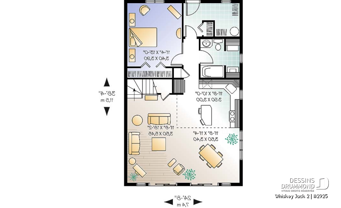 Rez-de-chaussée - Plan de chalet abordable 2 chambres + loft, mezzanine, vestiaire, plafond cathédral, belle lumière - Whiskey Jack 2