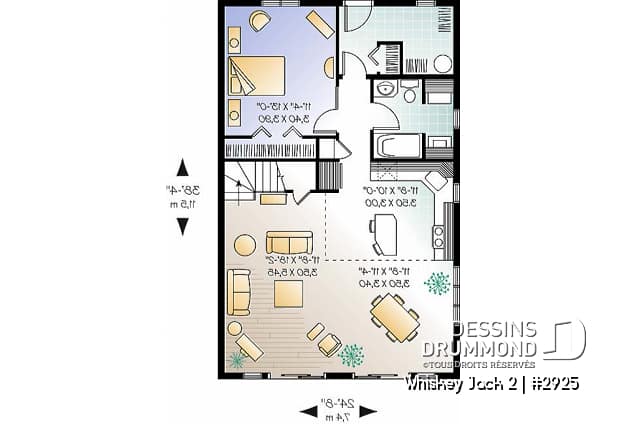Rez-de-chaussée - Plan de chalet abordable 2 chambres + loft, mezzanine, vestiaire, plafond cathédral, belle lumière - Whiskey Jack 2