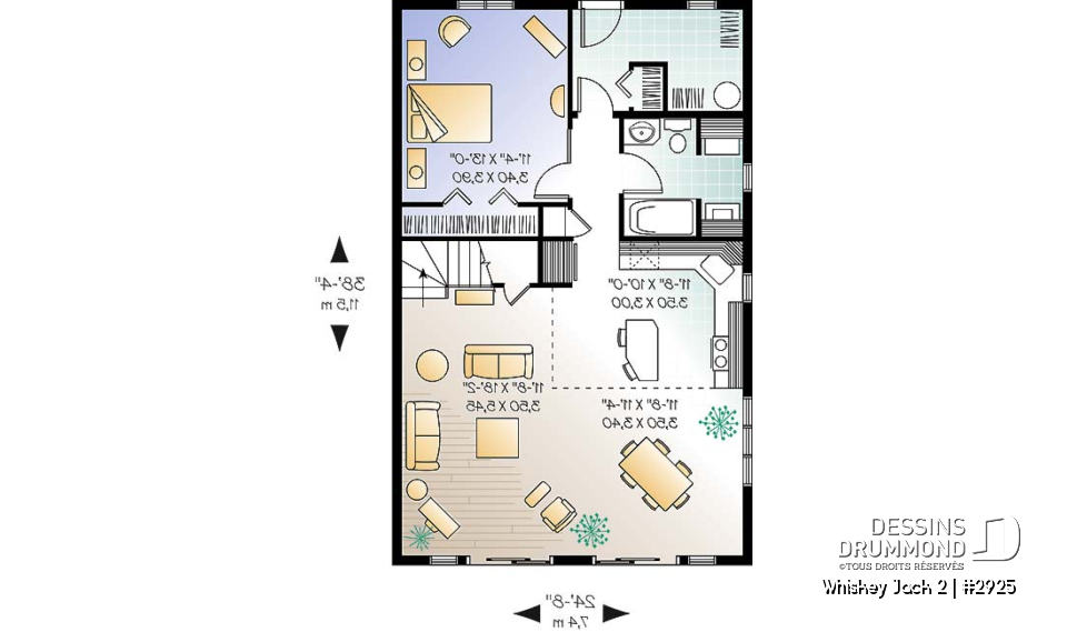 Rez-de-chaussée - Plan de chalet abordable 2 chambres + loft, mezzanine, vestiaire, plafond cathédral, belle lumière - Whiskey Jack 2