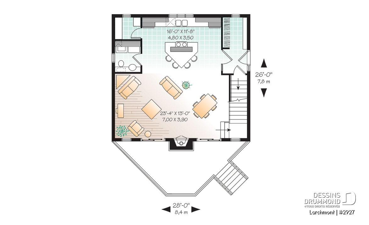 Rez-de-chaussée - Plan de petit chalet, grande suite des maîtres, aire ouverte, mezzanine, sous-sol aménageable - Larchmont