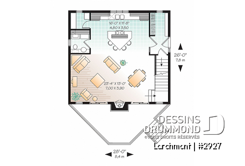 Rez-de-chaussée - Plan de petit chalet, grande suite des maîtres, aire ouverte, mezzanine, sous-sol aménageable - Larchmont