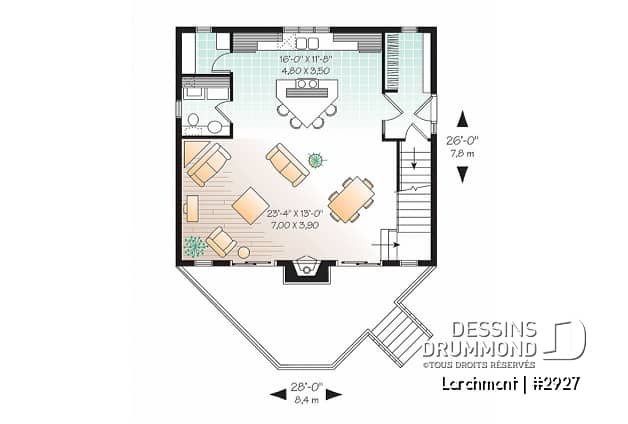 Rez-de-chaussée - Plan de petit chalet, grande suite des maîtres, aire ouverte, mezzanine, sous-sol aménageable - Larchmont