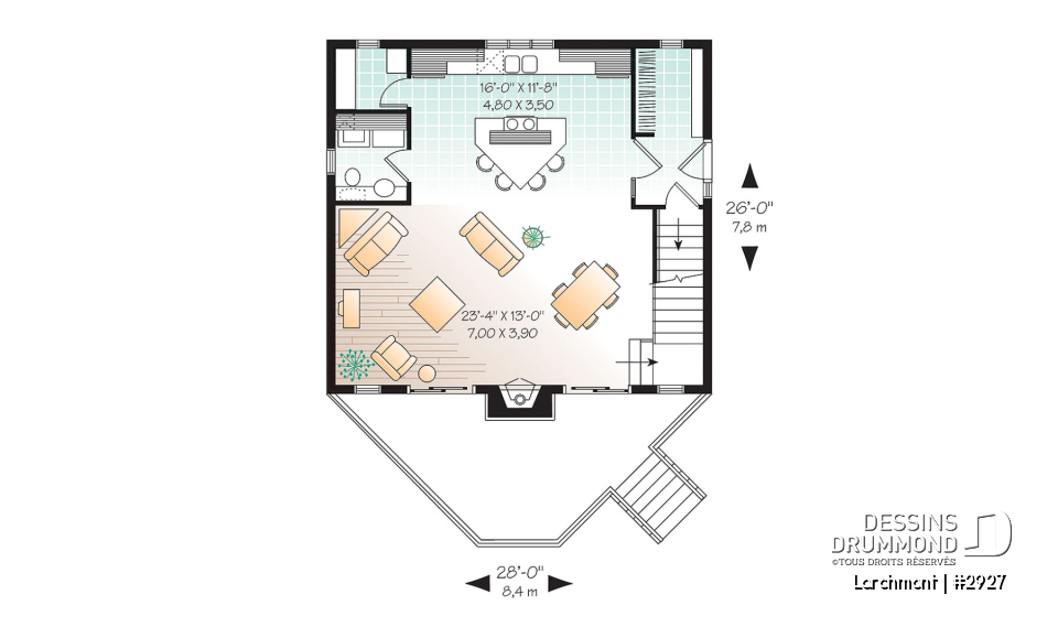 Rez-de-chaussée - Plan de petit chalet, grande suite des maîtres, aire ouverte, mezzanine, sous-sol aménageable - Larchmont
