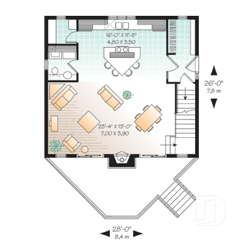 Rez-de-chaussée - Plan de petit chalet, grande suite des maîtres, aire ouverte, mezzanine, sous-sol aménageable - Larchmont