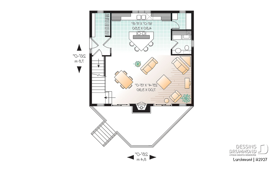 Rez-de-chaussée - Plan de petit chalet, grande suite des maîtres, aire ouverte, mezzanine, sous-sol aménageable - Larchmont
