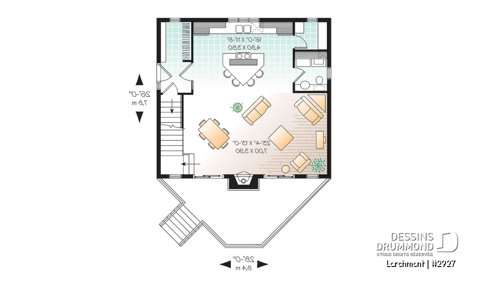Rez-de-chaussée - Plan de petit chalet, grande suite des maîtres, aire ouverte, mezzanine, sous-sol aménageable - Larchmont