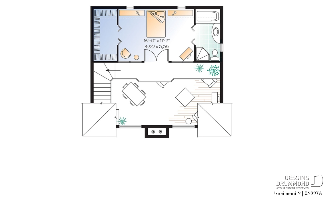 Étage - Plan de cottage d'une chambre en mezzanine, cuisine avec îlot et garde-manger, vestiaire - Larchmont 2