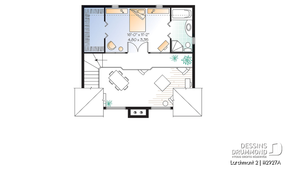 Étage - Plan de cottage d'une chambre en mezzanine, cuisine avec îlot et garde-manger, vestiaire - Larchmont 2