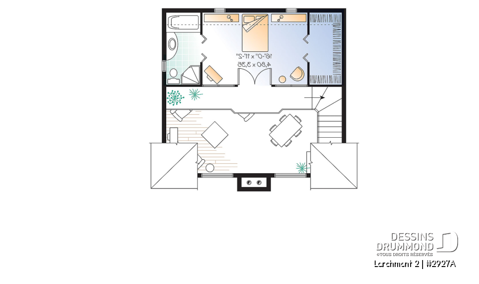 Étage - Plan de cottage d'une chambre en mezzanine, cuisine avec îlot et garde-manger, vestiaire - Larchmont 2