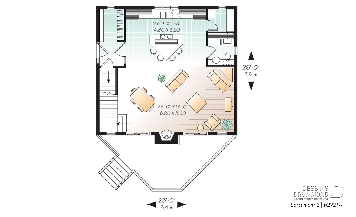 Rez-de-chaussée - Plan de cottage d'une chambre en mezzanine, cuisine avec îlot et garde-manger, vestiaire - Larchmont 2