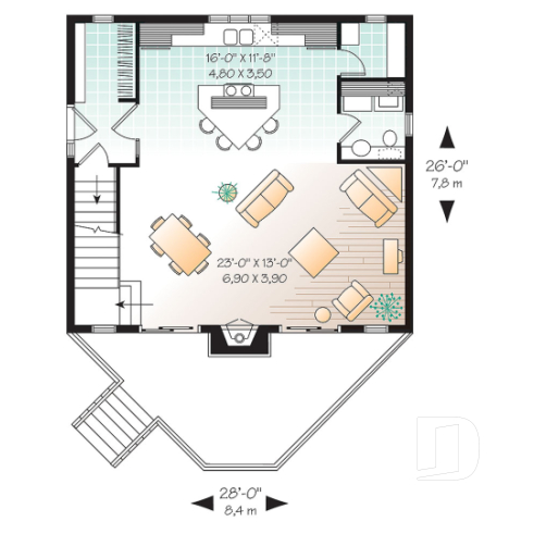 Rez-de-chaussée - Plan de cottage d'une chambre en mezzanine, cuisine avec îlot et garde-manger, vestiaire - Larchmont 2