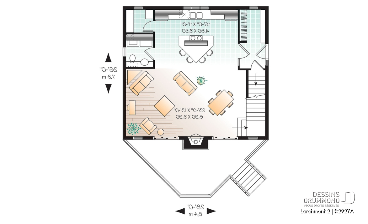 Rez-de-chaussée - Plan de cottage d'une chambre en mezzanine, cuisine avec îlot et garde-manger, vestiaire - Larchmont 2