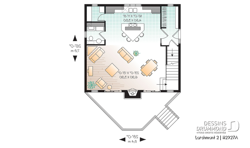 Rez-de-chaussée - Plan de cottage d'une chambre en mezzanine, cuisine avec îlot et garde-manger, vestiaire - Larchmont 2