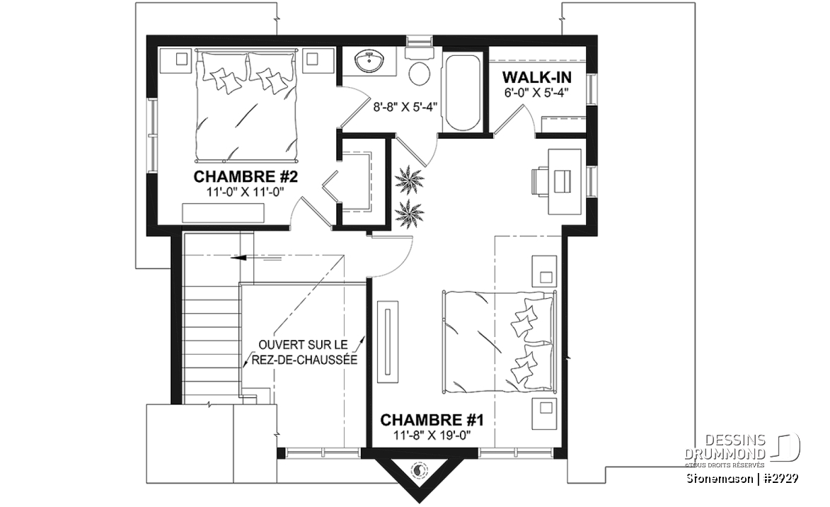 Étage - Plan de maison / chalet rustique, grand vestiaire, grand salon, 2 chambres, 2 s.bain, mezzanine - Stonemason