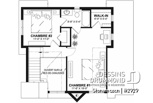 Étage - Plan de maison / chalet rustique, grand vestiaire, grand salon, 2 chambres, 2 s.bain, mezzanine - Stonemason