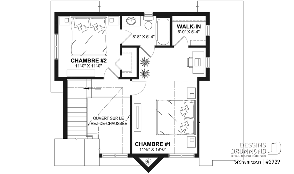 Étage - Plan de maison / chalet rustique, grand vestiaire, grand salon, 2 chambres, 2 s.bain, mezzanine - Stonemason