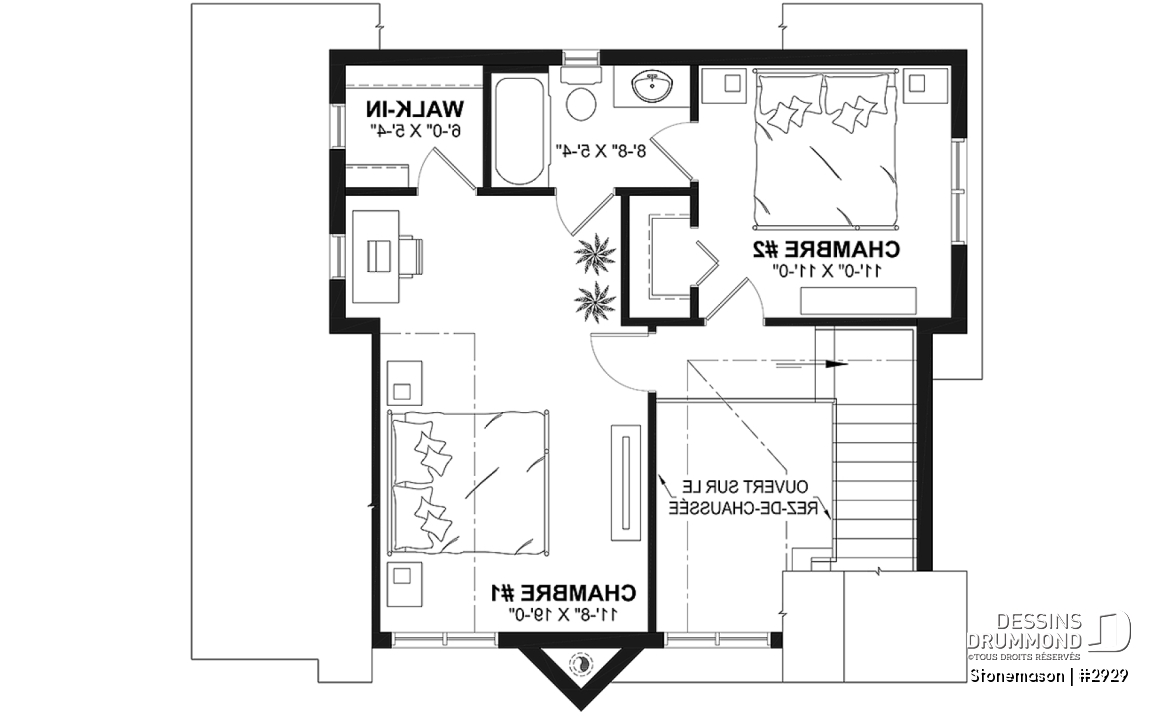 Étage - Plan de maison / chalet rustique, grand vestiaire, grand salon, 2 chambres, 2 s.bain, mezzanine - Stonemason